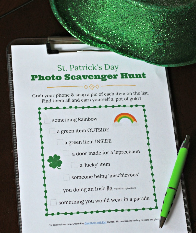 Scavenger hunt activity for kids on St Patrck\'s Day