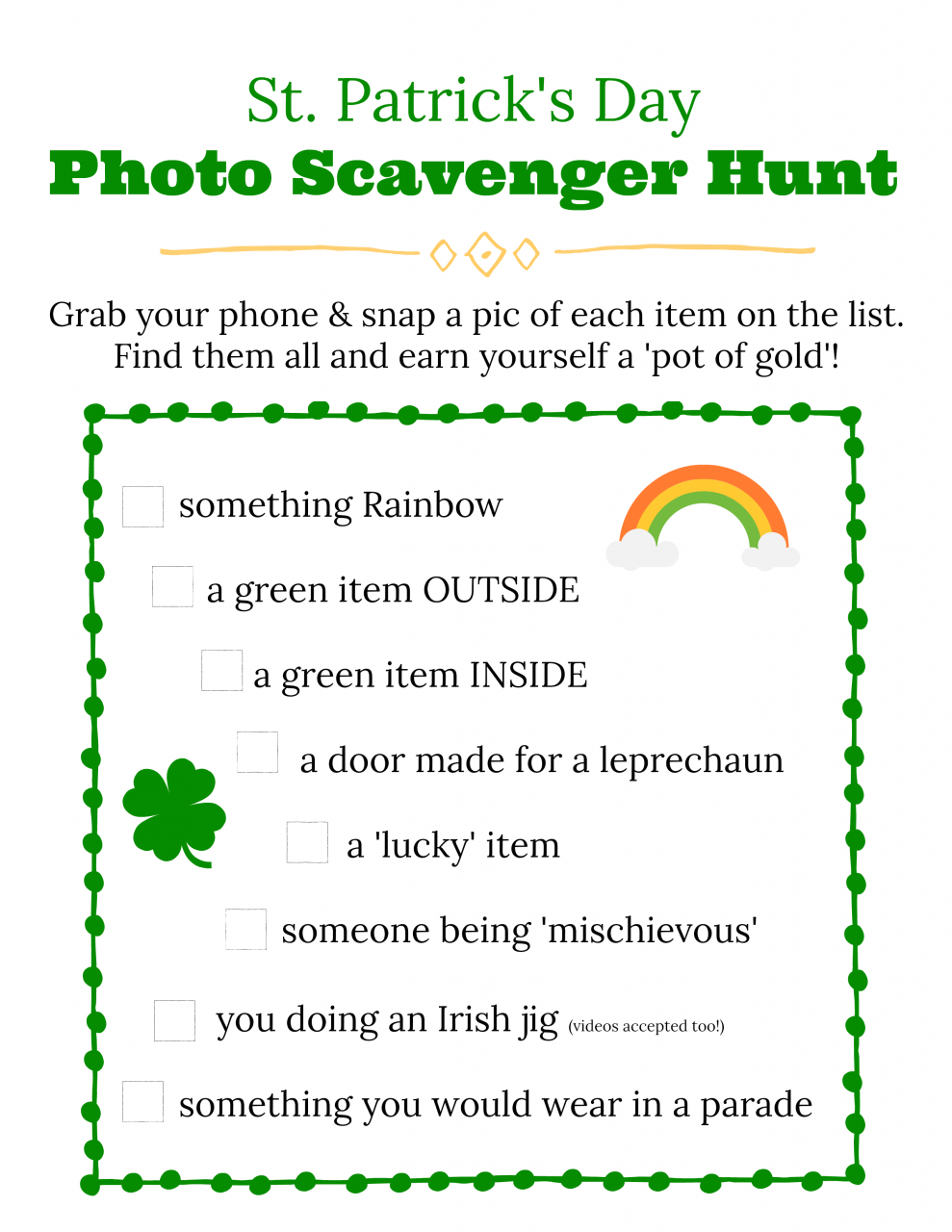 Free St Patricks Day scavenger hunt clues